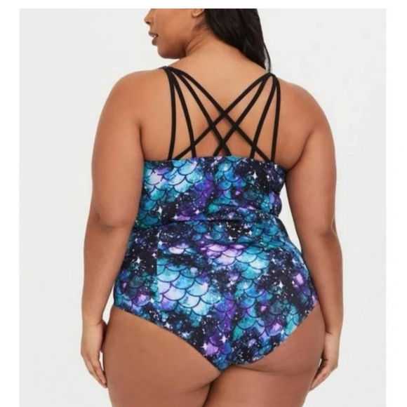 Torrid Blue Mermaid Slim Fix Underwire Strappy Back One Piece Swimsuit 1R - Picture 3 of 6